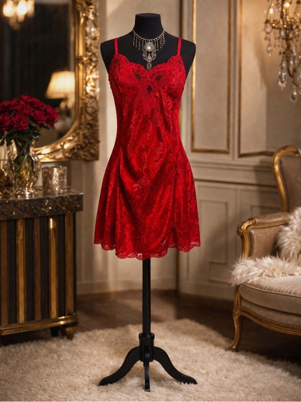 Rare VTG Victoria's Secret 1991 gold label Jacquard Red Lace Chemise Slip- M